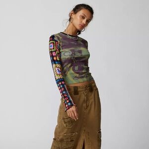 Urban Outfitters Multicolor Long Sleeve Sheer with Crochet sleeve top XS